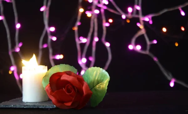 Decoración San Valentín Con Lámpara Flor Vela Quema Colección Sesiones —  Fotos de Stock