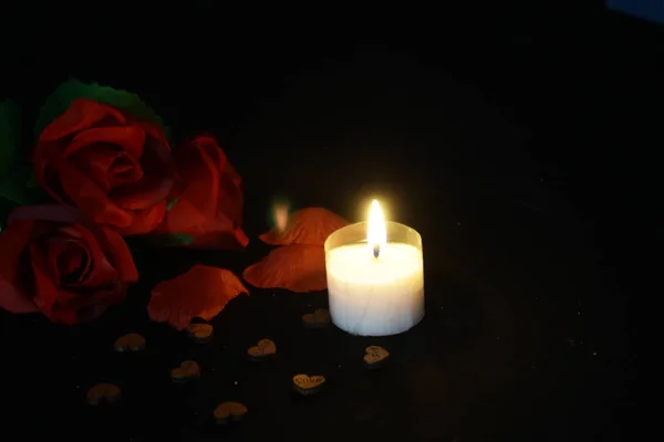 Happy Valentine Day Bouquet Rose Candle Burning Photoshoot Collection — Stock Photo, Image