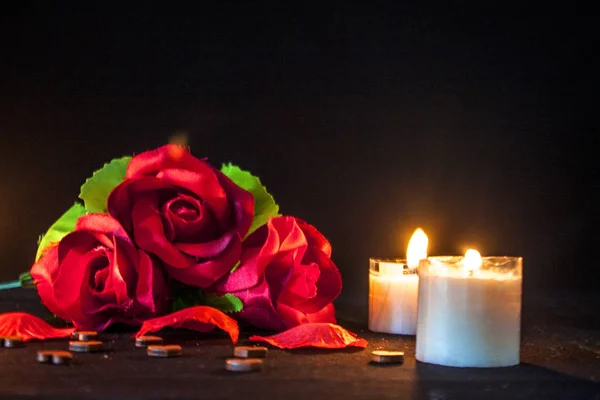 Feliz Dia Dos Namorados Com Buquê Rosa Vela Queimando Coleção — Fotografia de Stock