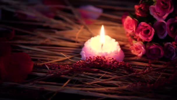 Footage Move Decoration Valentine Flower Bouquet Candle Burning Collection — Stock Video