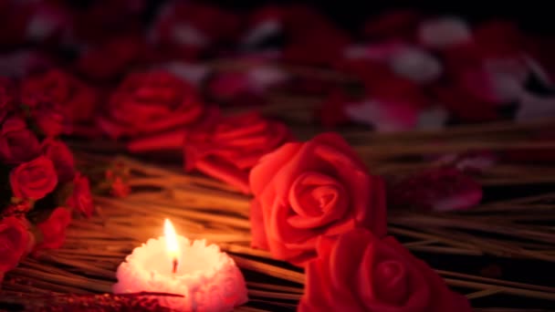 Movimiento Filmación Pétalos Flores Rosa Vela Ardiendo Colección Día San — Vídeos de Stock