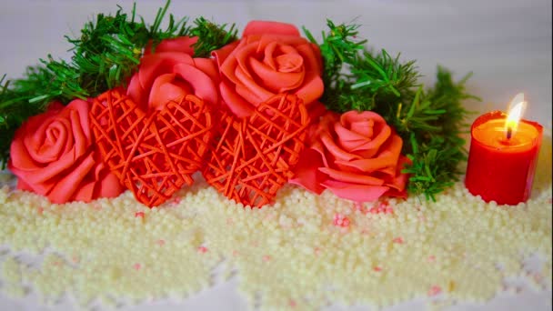 Glædelig Valentinsdag Med Dekoration Blomst Stearinlys Brændende Optagelser Samling – Stock-video