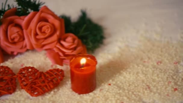 Decoration Valentine Day Footage Move Flower Candle Burning Collection — Stock Video