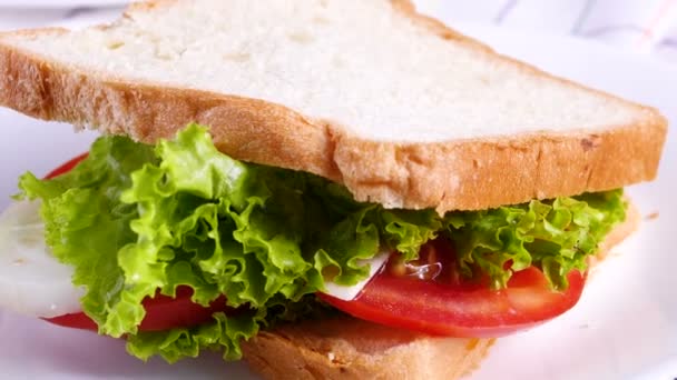 Sandwich su piastra bianca in tavola — Video Stock