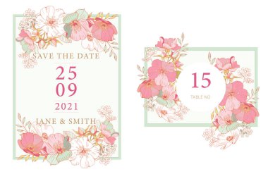Düğün davetiyesi çizimi soluk yeşil bir zemin üzerinde çiçek çizgisi, farklı boyutlarda kartpostallar ve kartvizitler içerir, masa numarası ve tarihi kaydet.