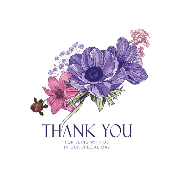 Card Pink Lilac Flowers Thank You Lettering White Background — Stock Vector