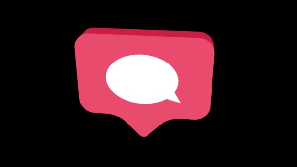 Commentaire rotatif 4k et icône rose isométrique Like, animation 3d sur fond noir. Animation en boucle. icône de notification des médias sociaux .