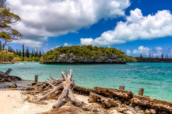 Vue Rivage Tropical Sablonneux Avec Une Île Rocheuse Massive Ciel — Photo