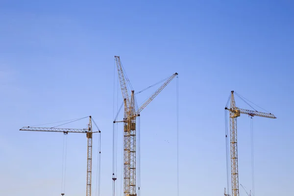 Front Distant View Three Cranes Light Blue Sky Background Construction — Stock Photo, Image