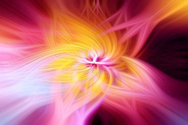 Güzel soyut sarmalanmış üç boyutlu lifler parıltı, alev, çiçek ve birbirine bağlı kalpler oluşturuyor. Pembe, mavi, kestane rengi, sarı, turuncu ve mor renkler. Görüntü.