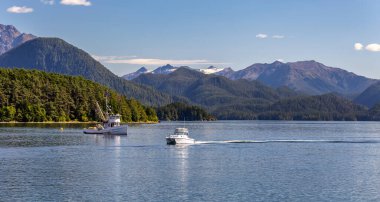 Sitka 'da bir limanın güzel panoramik görüntüsü, içinde ticari bir balıkçı teknesi bulunan AK ve küçük bir sürat teknesi, yeşil orman, karlı tepeli dağlar ve muhteşem mavi gökyüzü..