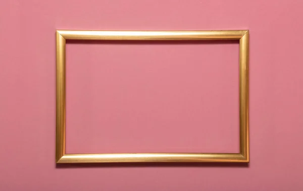 Golden Empty Frame Picture Pink Background Copy Space Text Holiday — Stock Photo, Image