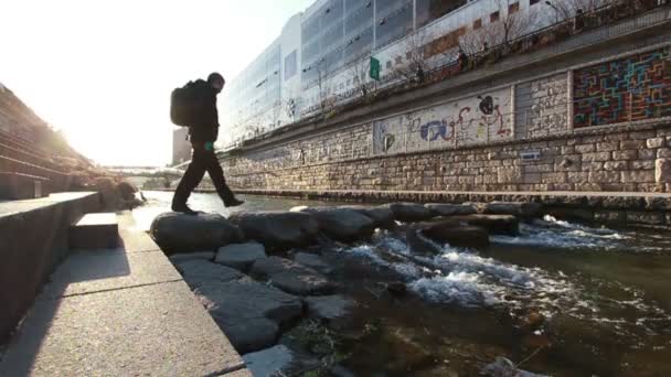Moción Lenta Viajero Arroyo Cheonggyecheon Seúl Corea Del Sur — Vídeos de Stock