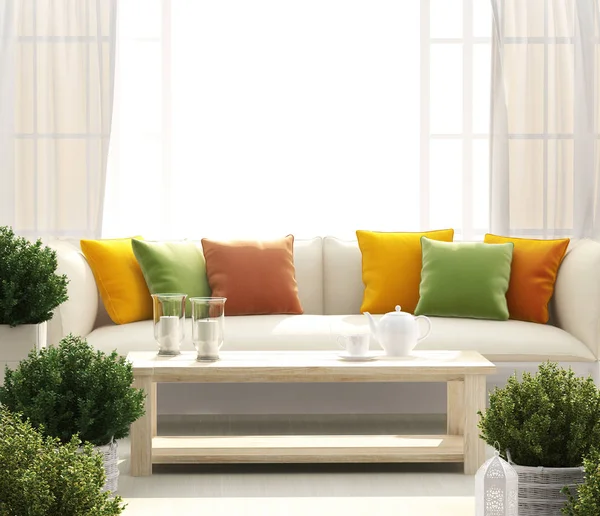 Bright terrace with sofa and flowers — 图库照片