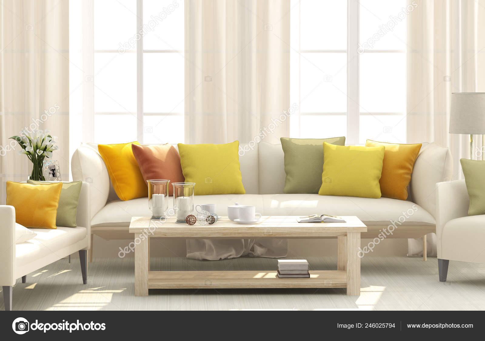 Living Room White Sofa Bright Cushions Stock Photo Liatris 246025794