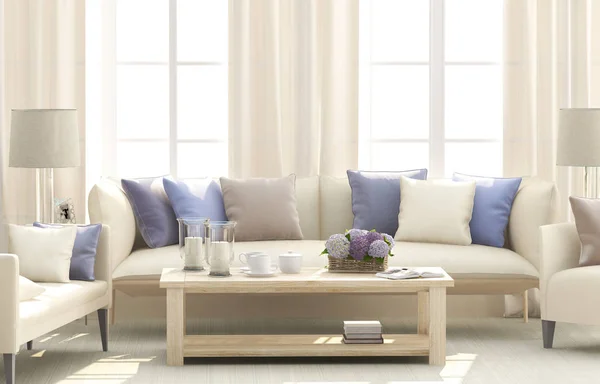 Wohnzimmer Mit Weißem Sofa Und Blauen Kissen — Stockfoto