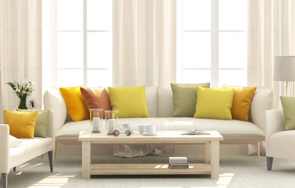 Sala Estar Com Sofá Branco Almofadas Brilhantes — Fotografia de Stock