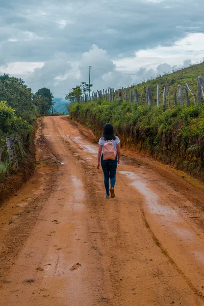 Jovem mulher caminhando sozinha em forma rural — Fotografia de Stock