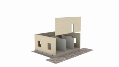 House animasyon beyaz zemin üzerine monte ediliyor. Ev yapımı. Yapı inşa. Binanın evin bir işlemi gösteren hızlandırılmış 3d animasyon. Full Hd