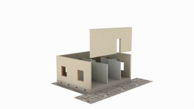 House animasyon beyaz zemin üzerine monte ediliyor. Ev yapımı. Yapı inşa. Binanın evin bir işlemi gösteren hızlandırılmış 3d animasyon. Full Hd