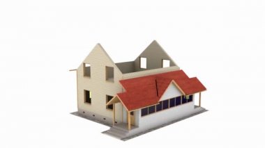 Ev yapımı. Yapı inşa. Binanın evin bir işlemi gösteren hızlandırılmış 3d animasyon. House animasyon beyaz zemin üzerine monte ediliyor. Full Hd