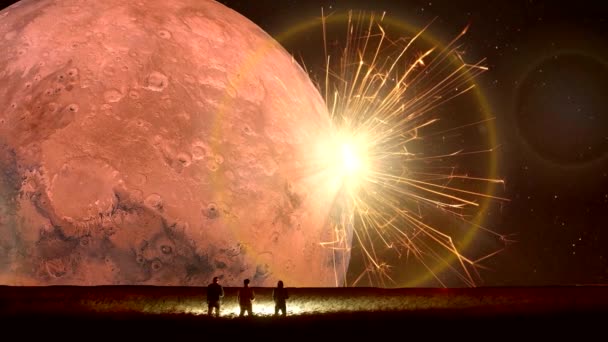Increíble Paisaje Irreal Fantástico Con Luna Roja Animación Del Paisaje — Vídeo de stock