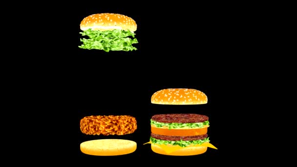 Продовольча Реклама Весела Реклама Фаст Фуду Анімація Гамбургерів Рухомі Частини — стокове відео
