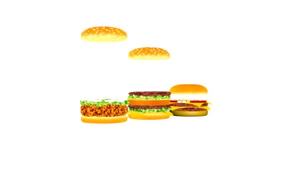 食品广告 欢快的快餐广告 汉堡包的动画 汉堡包的动人部分 小吃店 咖啡馆和餐馆的汉堡包动画 — 图库视频影像