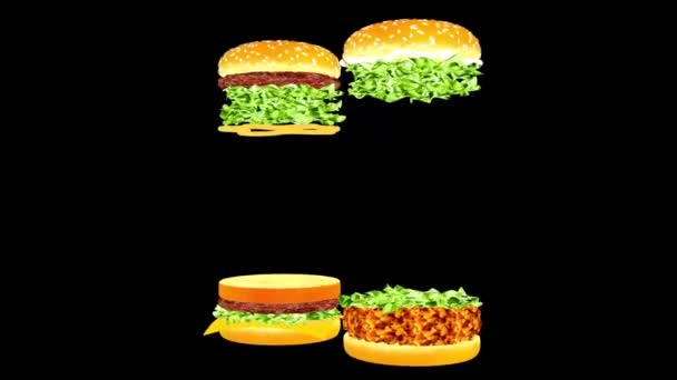 쾌활한 패스트 햄버거 애니메이션 햄버거의 움직이는 레스토랑을위한 햄버거 애니메이션 — 비디오
