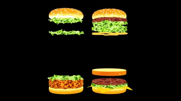 食品広告 陽気なファーストフードの広告 ハンバーガーのアニメーション ハンバーガーの可動部分 スナックバー カフェ レストラン用ハンバーガーのアニメーション — ストック動画
