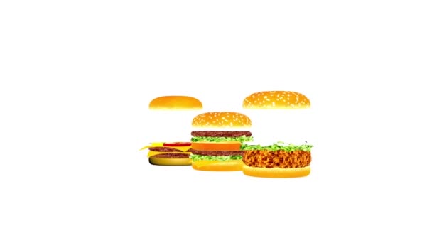 食品广告 欢快的快餐广告 汉堡包的动画 汉堡包的动人部分 小吃店 咖啡馆和餐馆的汉堡包动画 — 图库视频影像