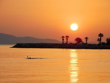 Man swimming in the golden sunset, near the shore of Glyfada, Greece clipart