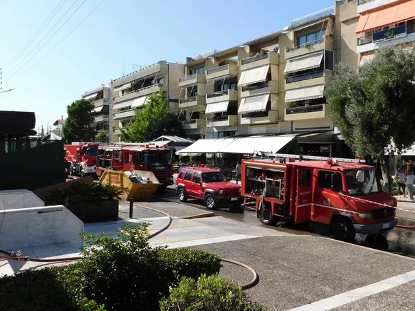 Octubre 2020 Glyfada Atenas Grecia Camiones Bomberos Acción Cerca Una —  Fotos de Stock