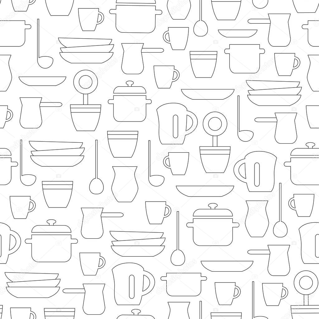 Kitchen seamless pattern, outline background. Vector illustration.
