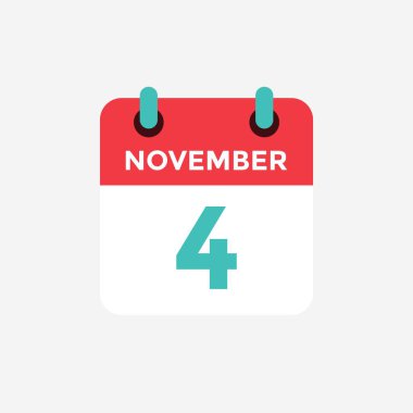 Düz simge takvim 4 Kasım. Tarih, gün ve ay. Vektör çizimi.