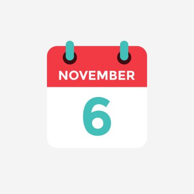 Düz simge takvim 6 Kasım. Tarih, gün ve ay. Vektör çizimi.