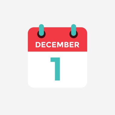 Düz simge takvimi 1 Aralık. Tarih, gün ve ay. Vektör çizimi.