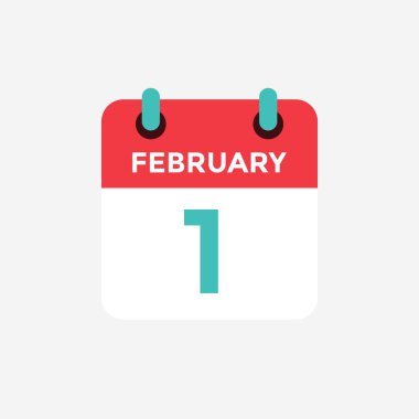 Düz simge takvimi 1 Şubat. Tarih, gün ve ay. Vektör çizimi.