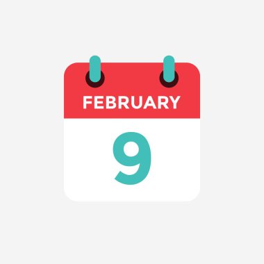 Şubat Düz simge takvim 9. Tarih, gün ve ay. Vektör çizimi.