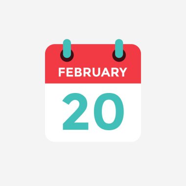 Düz simge takvimi 20 Şubat. Tarih, gün ve ay. Vektör çizimi.