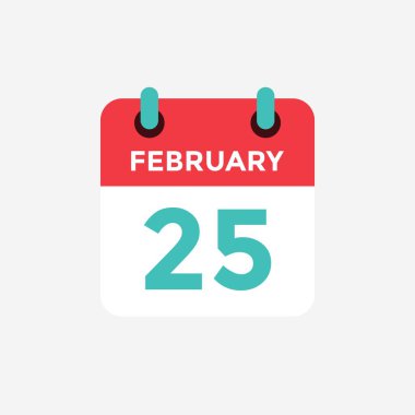 Düz simge takvimi 25 Şubat. Tarih, gün ve ay. Vektör çizimi.