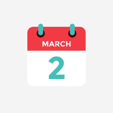 Mart düz simge takvim 2. Tarih, gün ve ay. Vektör çizimi.