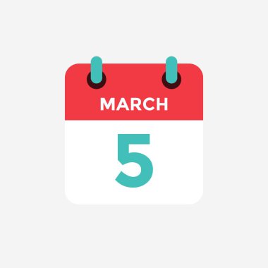 Mart düz simge takvim 5. Tarih, gün ve ay. Vektör çizimi.