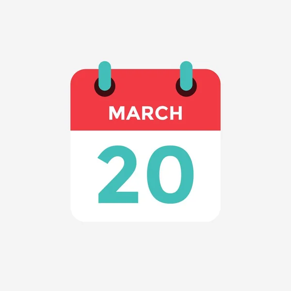 Flat icon calendar 20 of March. Date, day and month. Vector illustration. — Stock Vector