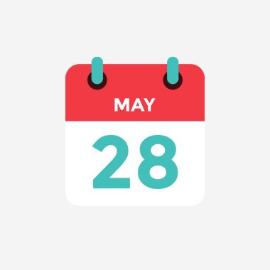 28 Mayıs 'ta düz simge takvimi. Tarih, gün ve ay. Vektör illüstrasyonu.
