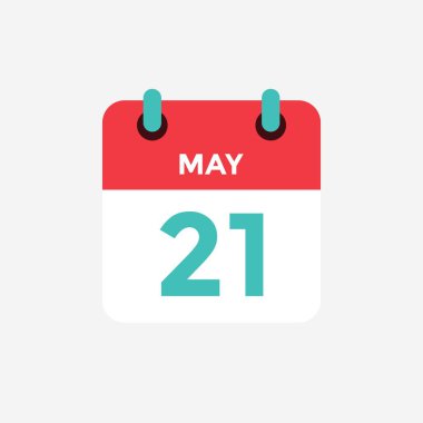 Düz simge takvimi 21 Mayıs. Tarih, gün ve ay. Vektör illüstrasyonu.