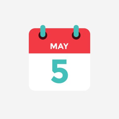 Düz simge takvimi 5 Mayıs. Tarih, gün ve ay. Vektör illüstrasyonu.