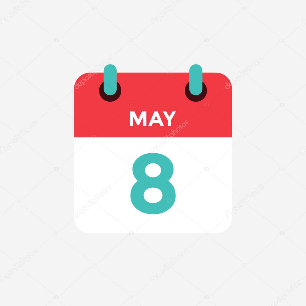 Flat icon calendar 8 of May. Date, day and month. Vector illustration.