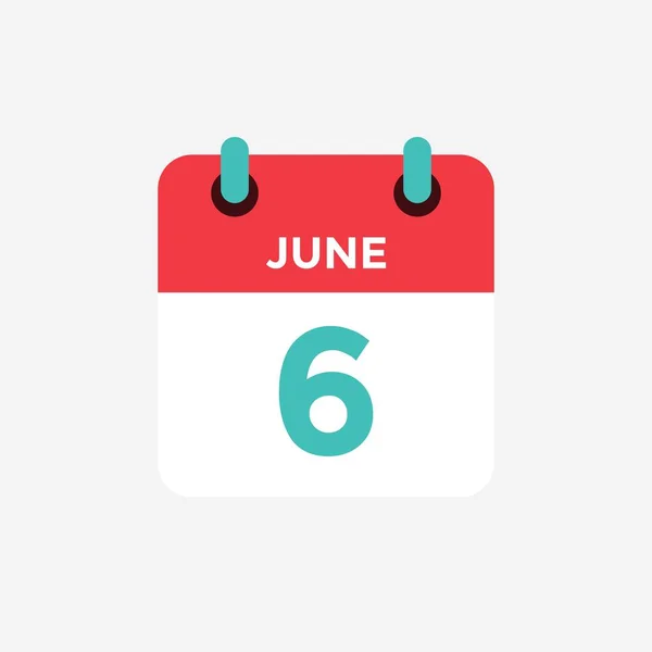Icône plate calendrier 6 de juin. Date, jour et mois. Illustration vectorielle . — Image vectorielle
