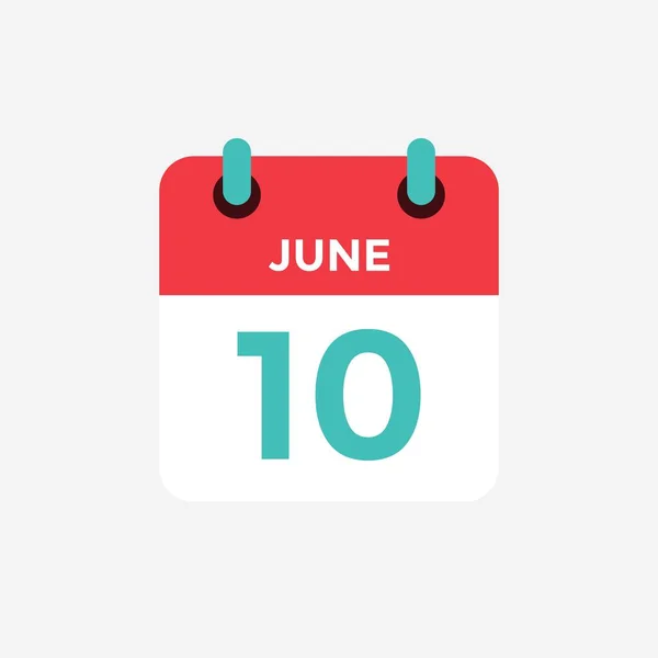 Icône plate calendrier 10 de juin. Date, jour et mois. Illustration vectorielle . — Image vectorielle
